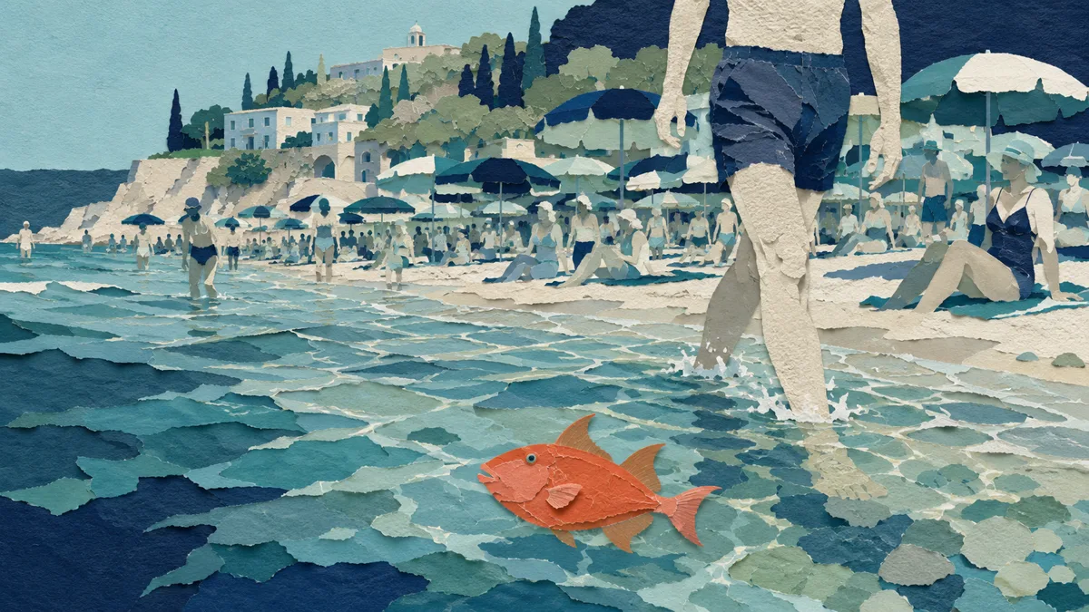 Illustrazione papercut di una spiaggia estiva affollata con un bagnante che esce dall'acqua bassa e un pesce arancione appena sotto la superficie