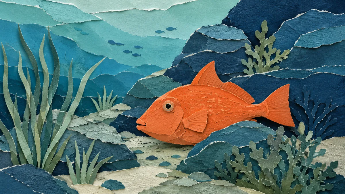 Illustrazione papercut di un pesce balestra arancione tranquillo tra le rocce e le alghe del Mediterraneo, ambiente di casa e non esotico