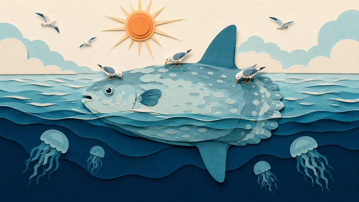 Illustrazione papercut di un pesce luna sdraiato su un fianco in superficie mentre gli uccelli marini gli beccano la pelle