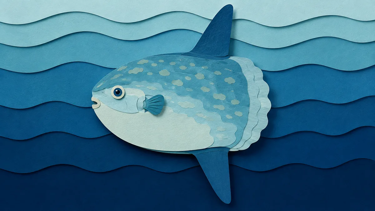 Illustrazione papercut di un pesce luna di profilo con il margine posteriore ondulato al posto della coda