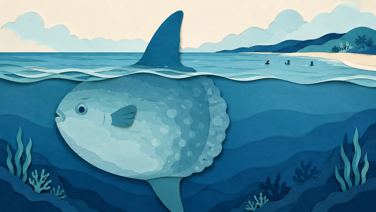 Illustrazione papercut di un enorme pesce luna che nuota placido sotto la superficie con la pinna dorsale fuori dall'acqua