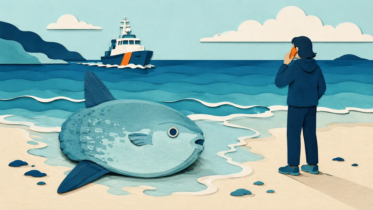 Illustrazione papercut di una persona che telefona a distanza da un pesce luna spiaggiato mentre una motovedetta si avvicina