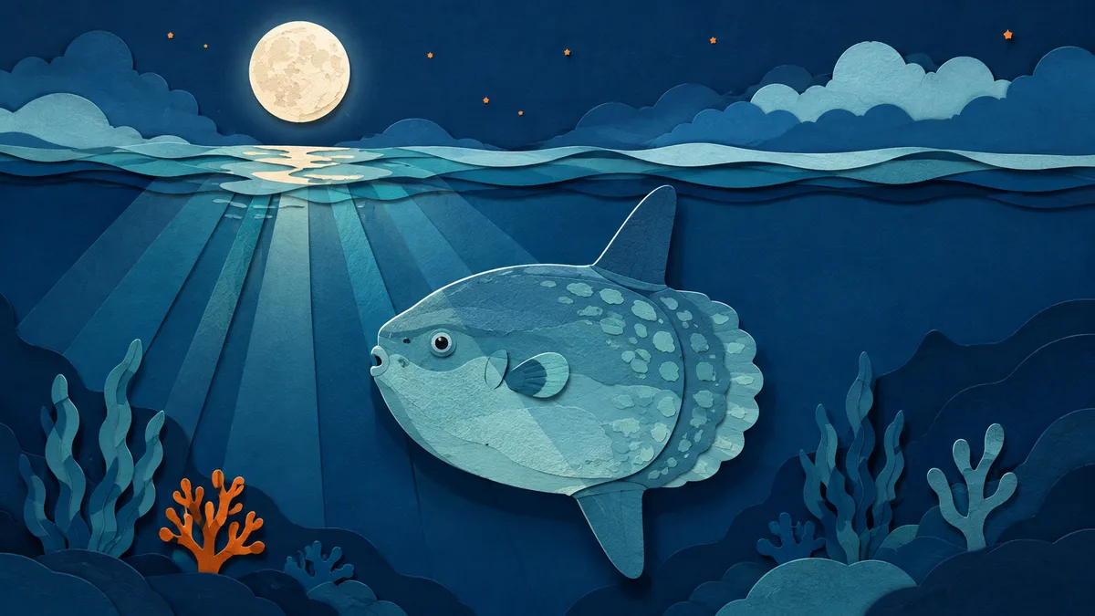 Illustrazione papercut di un pesce luna che nuota in acque scure e profonde sotto una luna piena