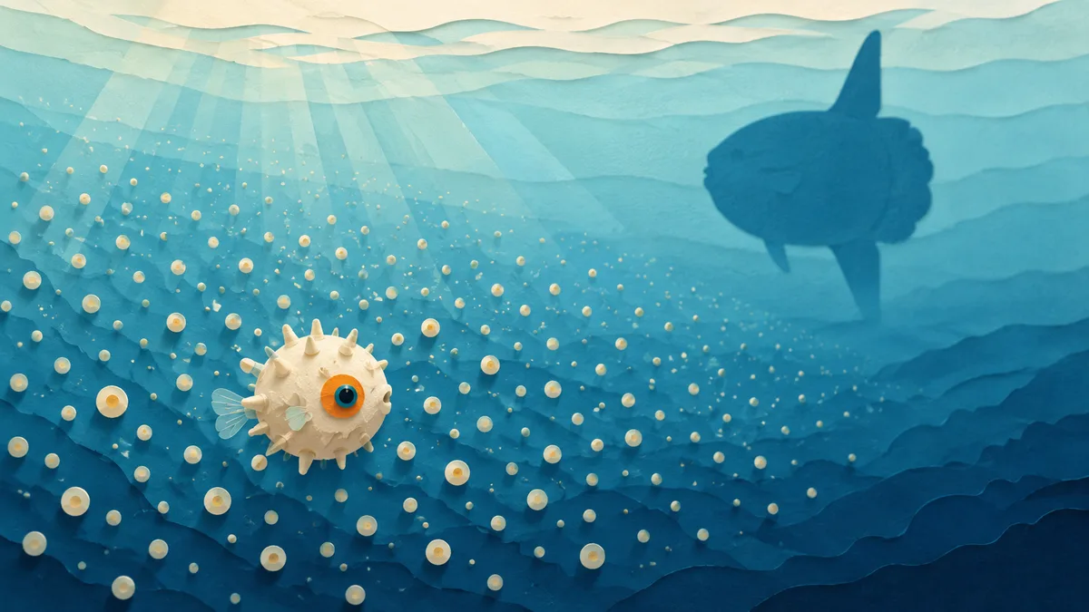 Illustrazione papercut di una nuvola di minuscole uova in acqua con la sagoma enorme di un pesce luna sullo sfondo