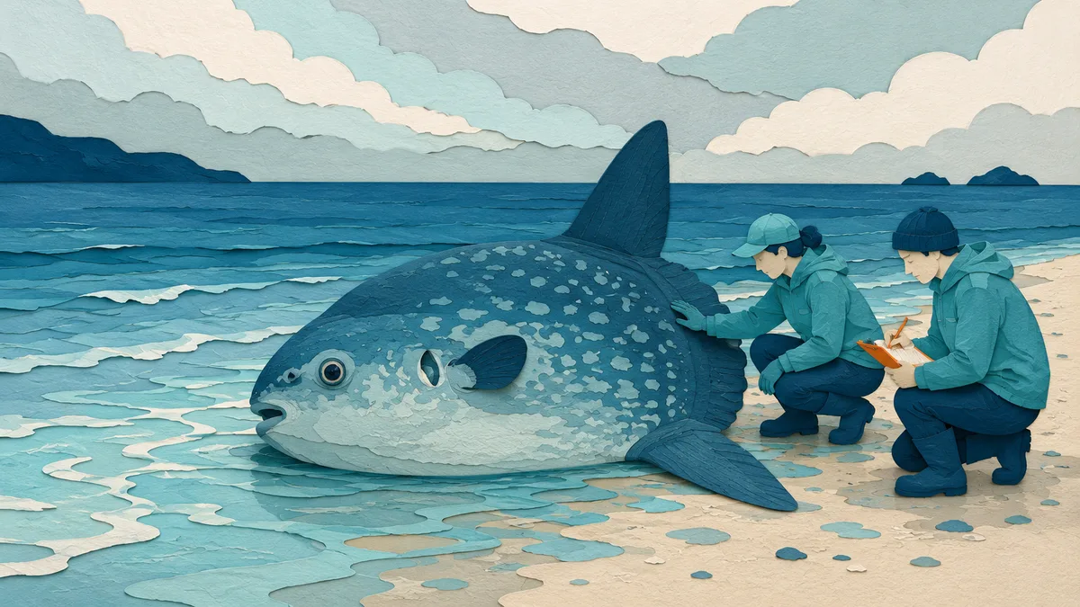 Illustrazione papercut di un grande pesce luna spiaggiato sulla riva con due ricercatori accovacciati accanto