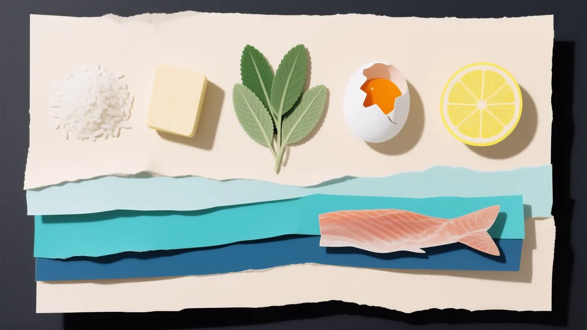 Gli ingredienti crudi disposti dall'alto: riso, burro, salvia, farina, uovo, limone e filetti di persico