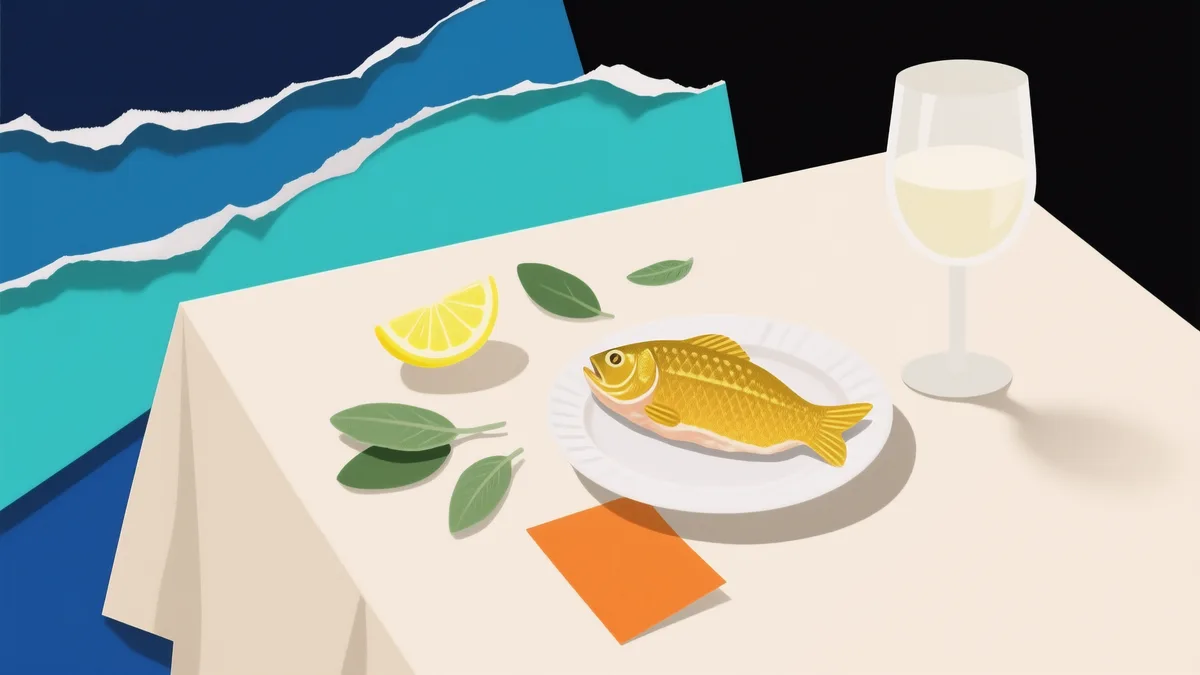 Un calice di vino bianco fermo accanto a un piatto con un filetto di persico e uno spicchio di limone
