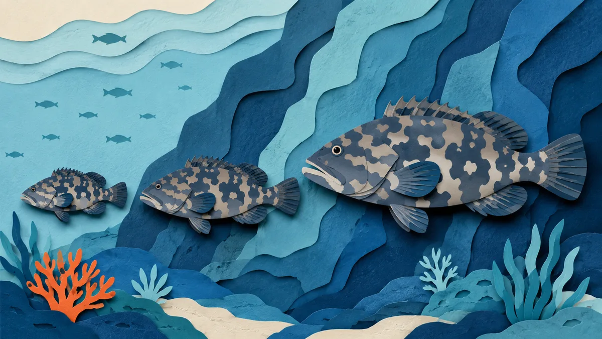 Illustrazione papercut di tre cernie di taglia crescente allineate, dalla piccola alla molto grande