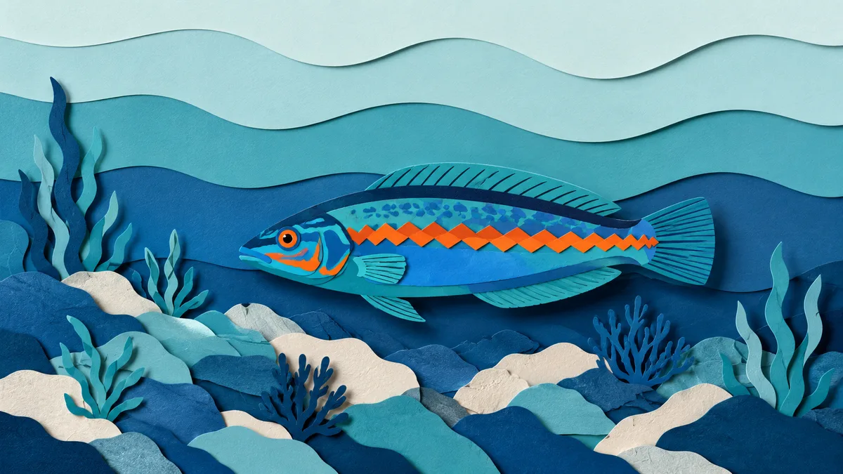 Illustrazione papercut di una donzella dai colori vivaci che nuota vicino a un fondale roccioso