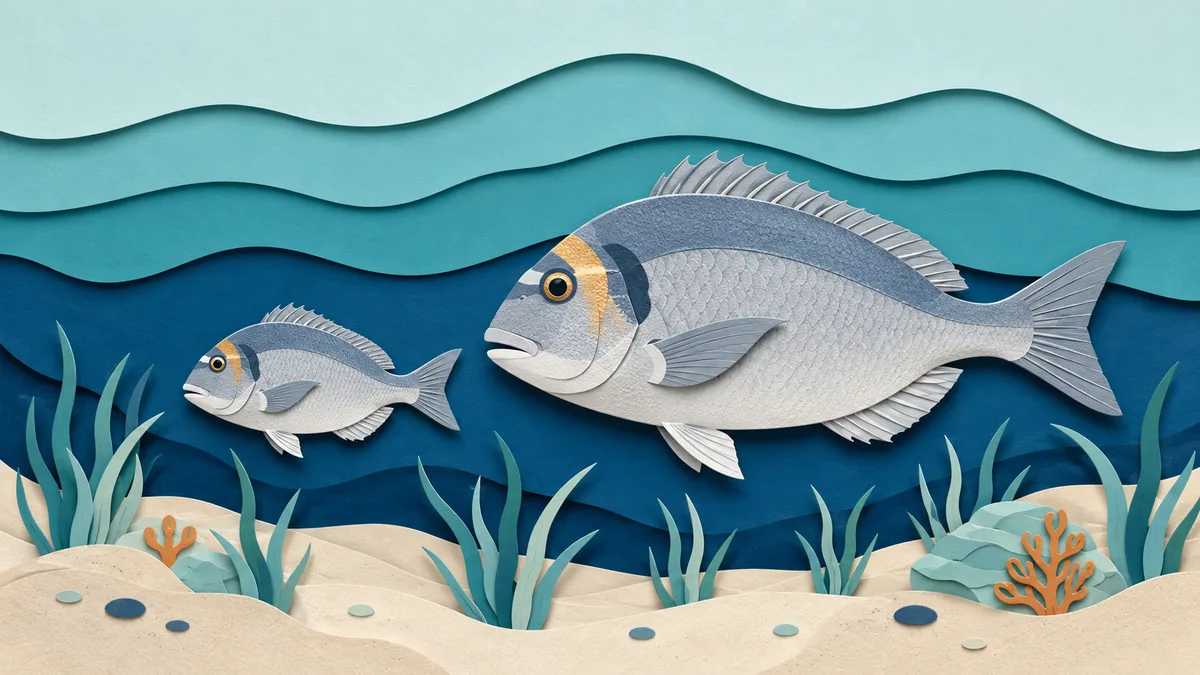 Illustrazione papercut di due orate affiancate, una piccola e una nettamente piu' grande, sopra un fondale sabbioso