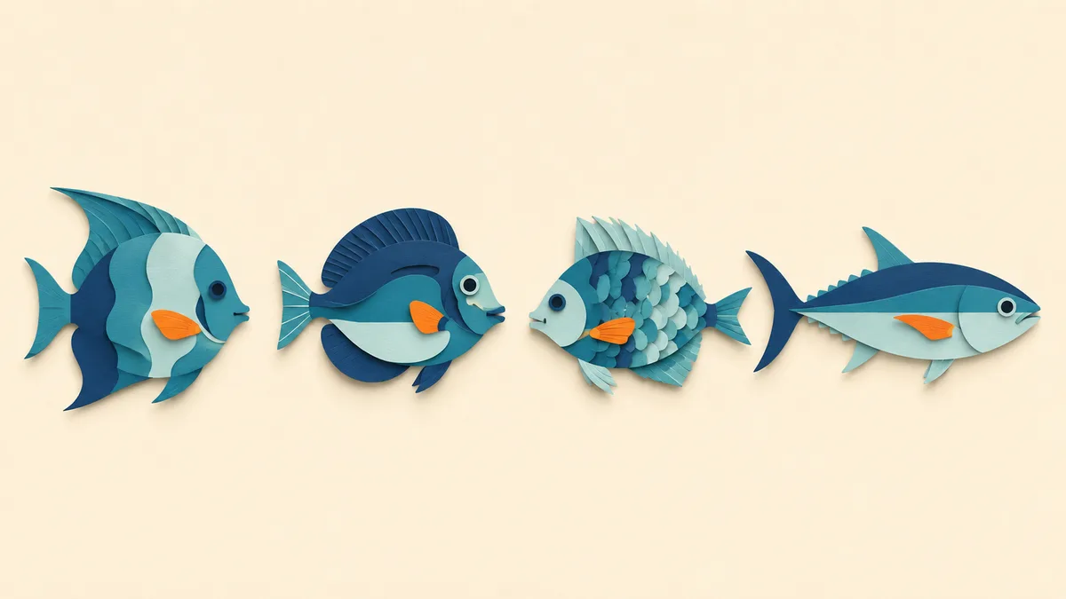 Illustrazione papercut di quattro sagome di pesce allineate che rappresentano quattro strategie riproduttive diverse