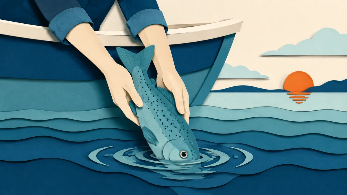 Illustrazione papercut di due mani che rimettono in acqua un pesce grande dal bordo di una barca