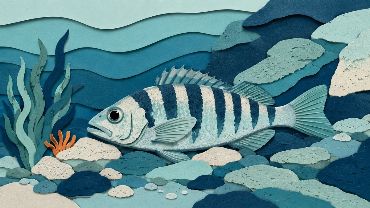 Illustrazione papercut di uno sciarrano fermo su un fondale roccioso, con le bande verticali sul fianco