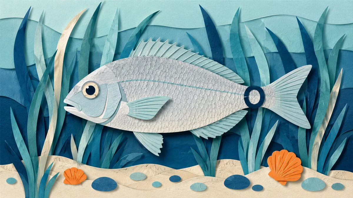 Illustrazione papercut di uno sparaglione con l'anello scuro sul peduncolo caudale, visto di profilo