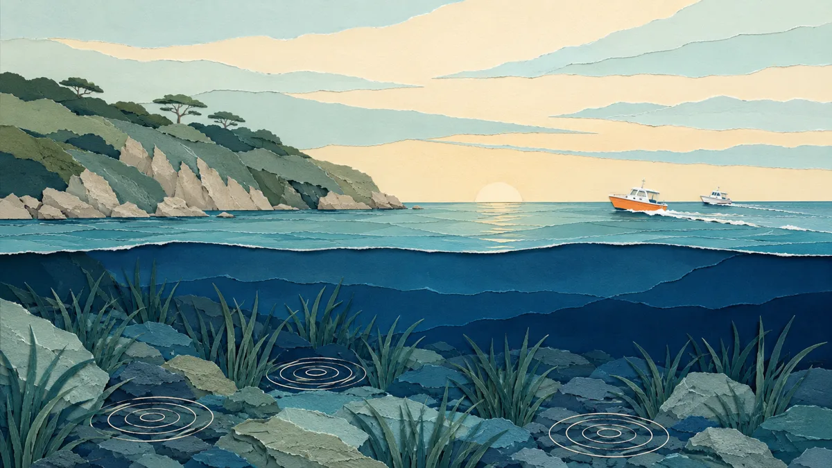 La stessa secca al tramonto: le barche se ne sono andate e il fondale comincia a suonare