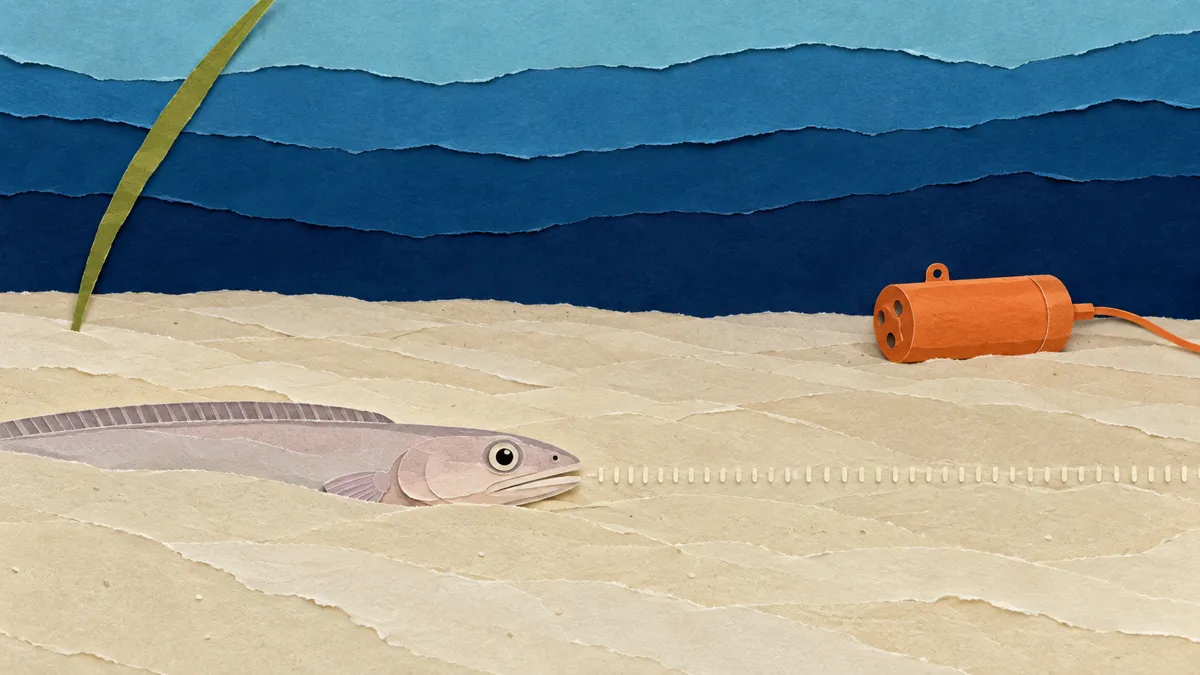 Fondale sabbioso di notte, con il fessura del pesce nascosto sotto la sabbia da cui arriva il suono