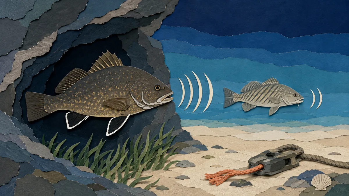 Corvina davanti alla sua tana nella roccia, con l'ombrina più al largo sul fondo sabbioso