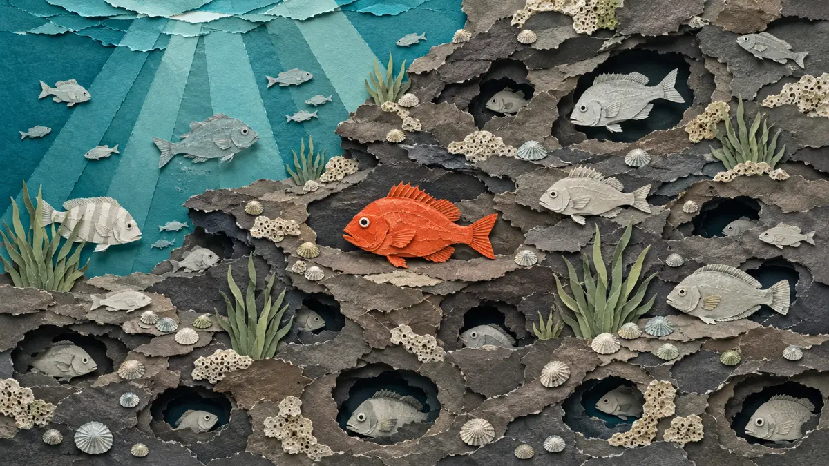 Illustrazione papercut di una parete rocciosa costiera fitta di tane, anfratti e ciuffi di alghe, popolata a ogni livello da pesci chiari di forme diverse, con un piccolo pesce arancione fermo su una sporgenza al centro