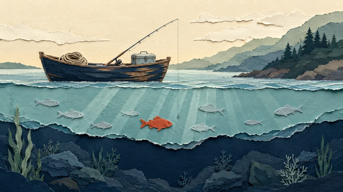 Illustrazione papercut divisa dalla linea dell'acqua: sopra una piccola barca di legno con la canna a bordo, all'alba su mare calmo; sotto lo strato tiepido attraversato dai raggi, un banco di pesci chiari e un piccolo pesce arancione accanto alla lenza che scende verso il blu profondo