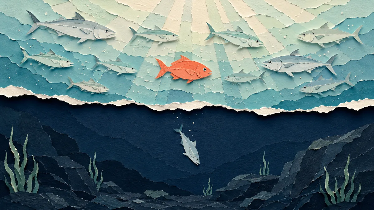 Illustrazione papercut divisa in due: sopra la linea del termoclino un gruppo di pesci predatori chiari nuota nell'acqua luminosa con un piccolo pesce arancione tra loro, sotto la linea l'acqua blu scura resta quasi deserta