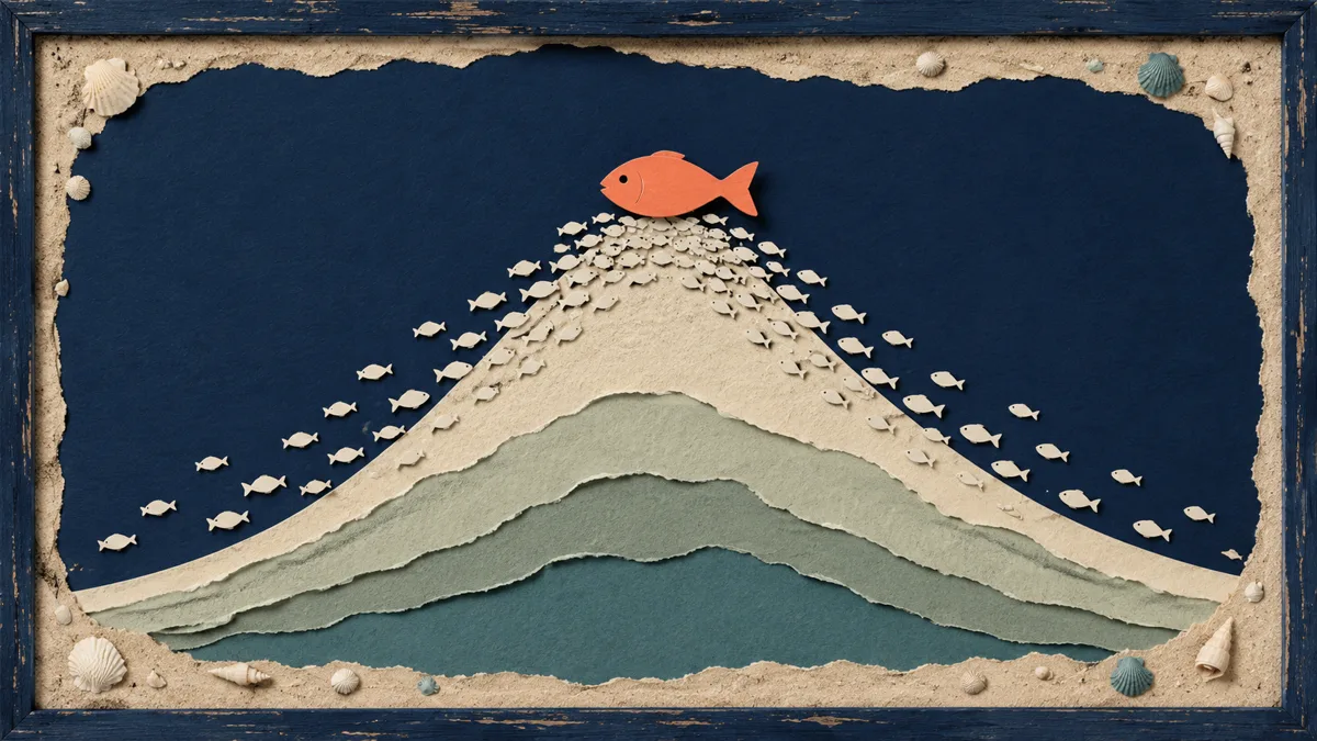 Diagramma papercut a rilievo: una curva a campana modellata in carta strappata, con pesciolini chiari disposti lungo il pendio, più fitti verso la cima, e un piccolo pesce arancione proprio sul punto più alto