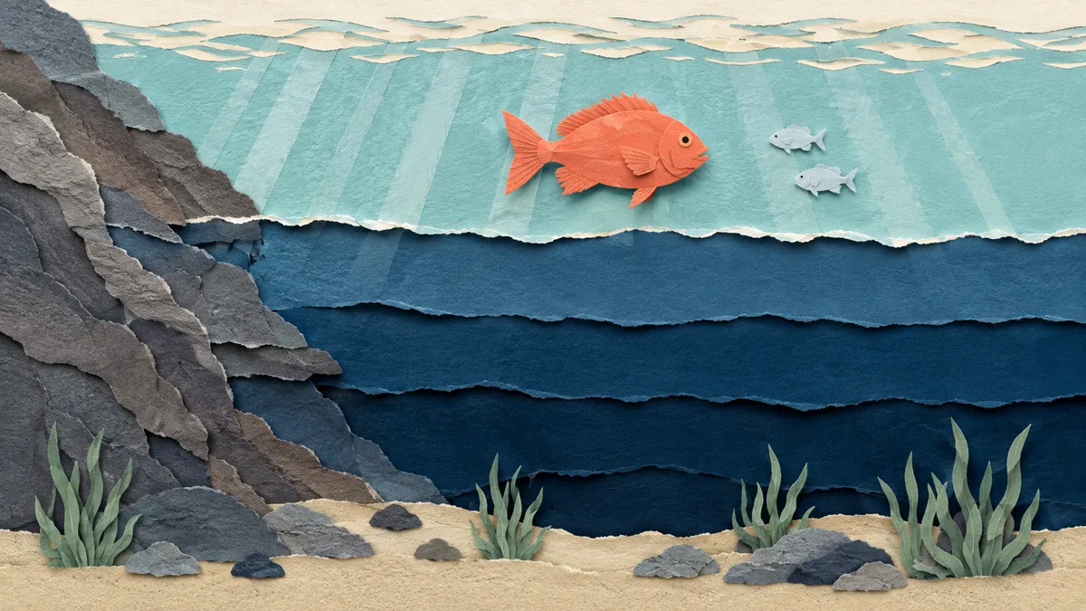 Illustrazione papercut di una sezione verticale di mare estivo: strato superficiale chiaro e tiepido attraversato da raggi di luce, una netta linea di strappo a metà, acqua blu scura e fredda sotto, e un piccolo pesce arancione appena sopra la linea