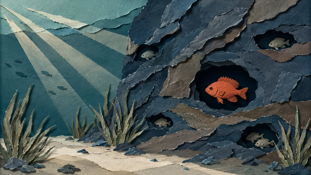 Illustrazione papercut di una parete rocciosa sott'acqua al tramonto, con la luce bassa che entra obliqua, pesci chiari fermi nelle fessure in ombra e un piccolo pesce arancione affacciato all'imboccatura di una tana