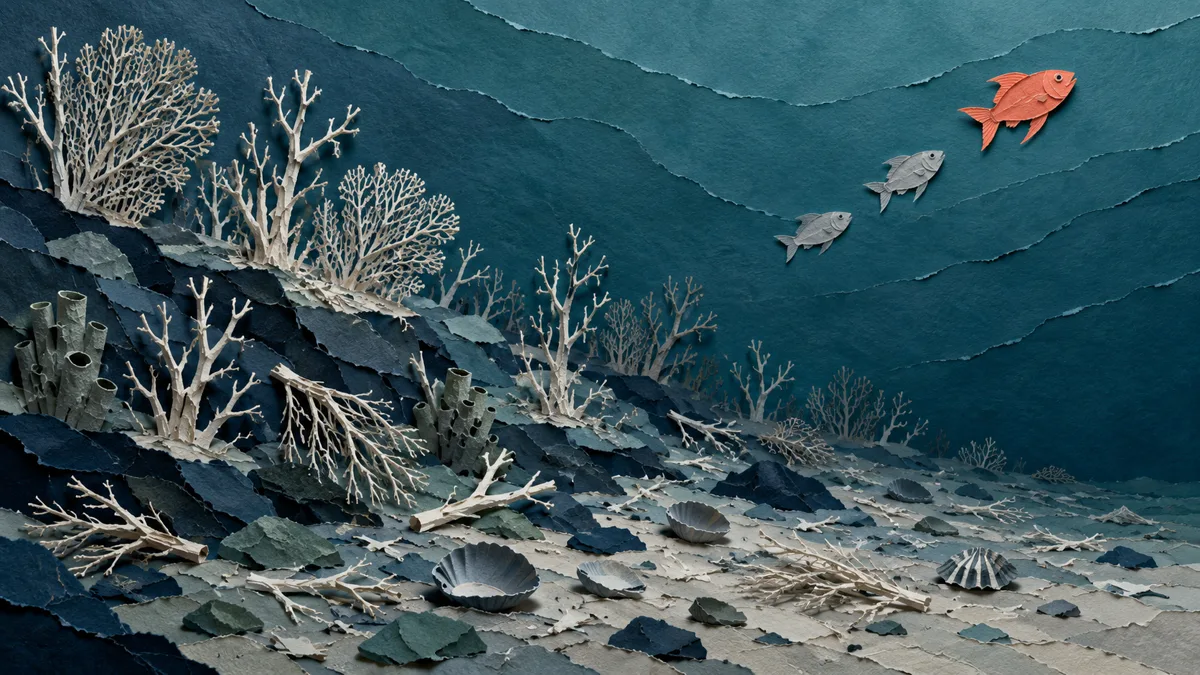 Illustrazione papercut di un fondale con gorgonie e spugne dai rami spogli e scheletriti in toni pallidi, alcune spezzate sulla sabbia tra valve vuote, mentre un piccolo pesce arancione nuota via verso l'alto allontanandosi dalla zona danneggiata