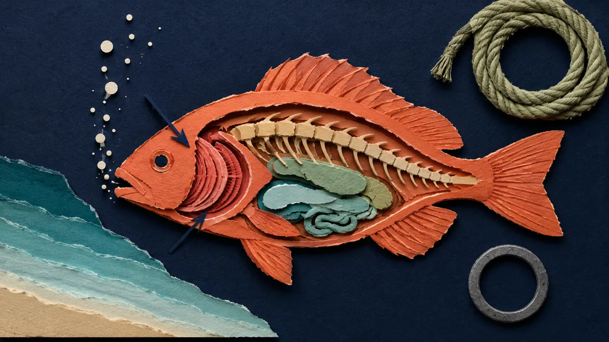 Tavola anatomica papercut: un pesce mostrato in sezione con gli strati interni di carta a vista, bolle chiare che salgono dalle branchie e una piccola freccia arancione che indica le branchie