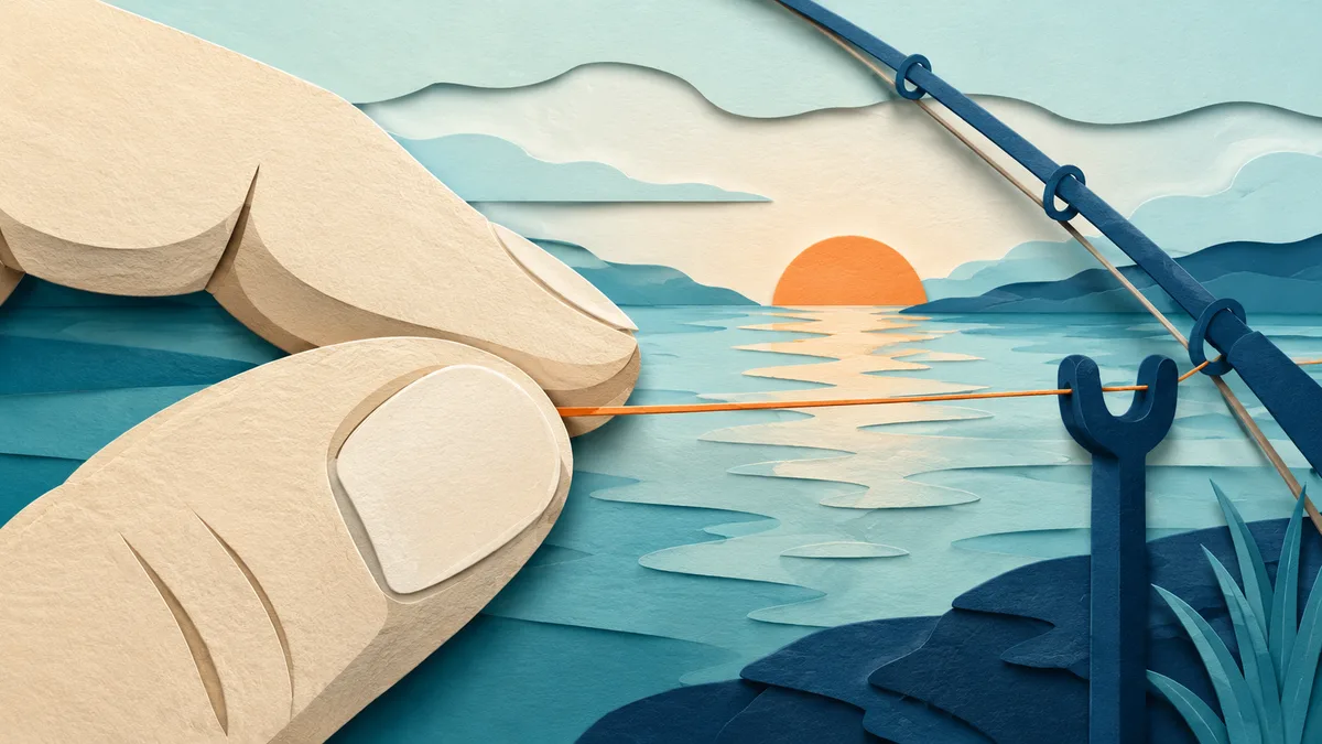 Illustrazione papercut in primo piano di due dita che trattengono un filo teso, con la canna appoggiata di lato