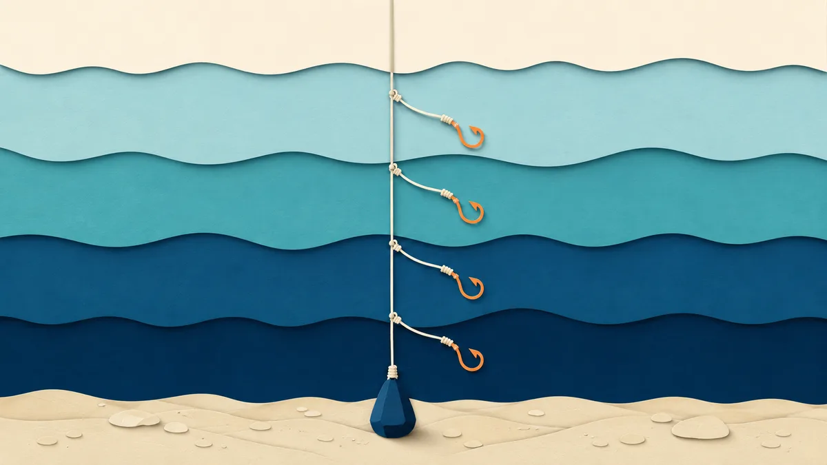 Illustrazione papercut di una lenza con piu' braccioli che partono a diverse altezze, tesa in acqua