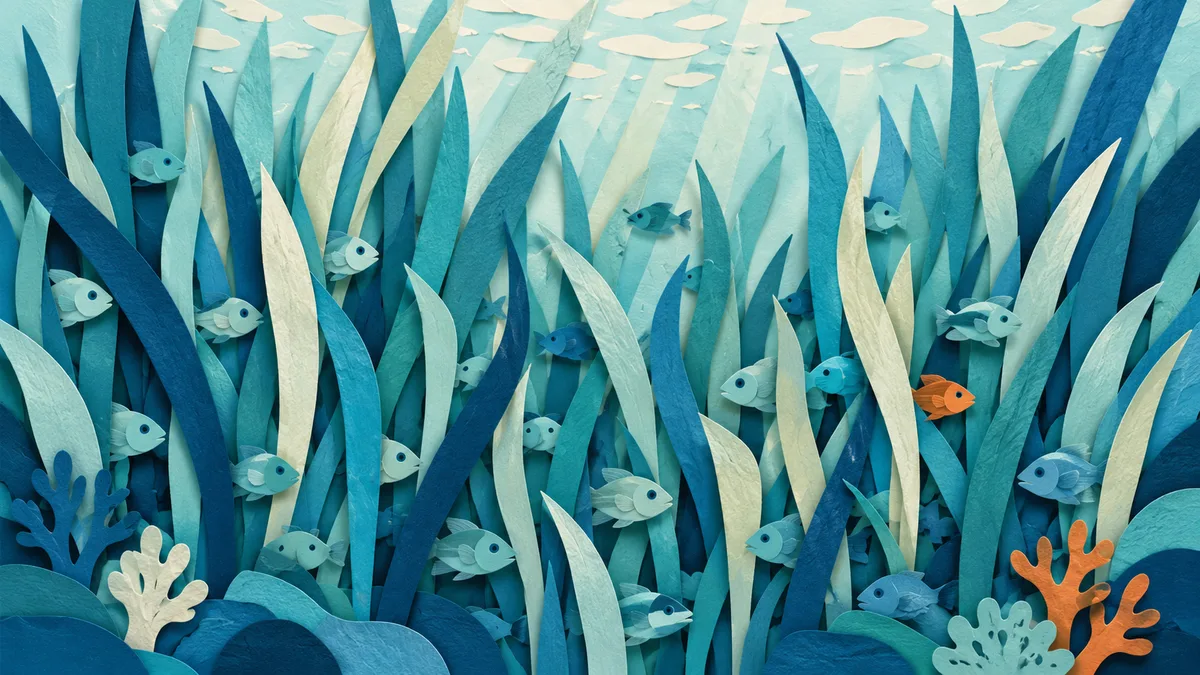 Illustrazione papercut di piccoli pesci giovanili nascosti tra le foglie fitte di una prateria di posidonia