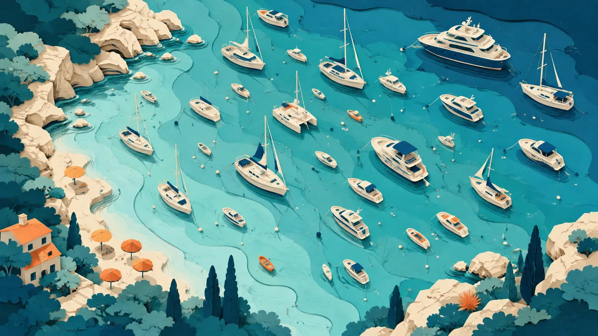 Illustrazione papercut di una baia affollata vista dall'alto con moltissime imbarcazioni di diverse dimensioni alla fonda