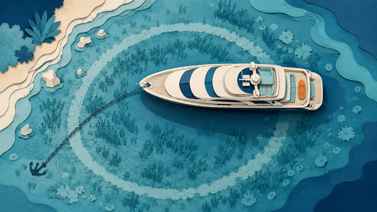 Illustrazione papercut vista dall'alto di uno yacht alla fonda con la catena che descrive un ampio cerchio sul fondale