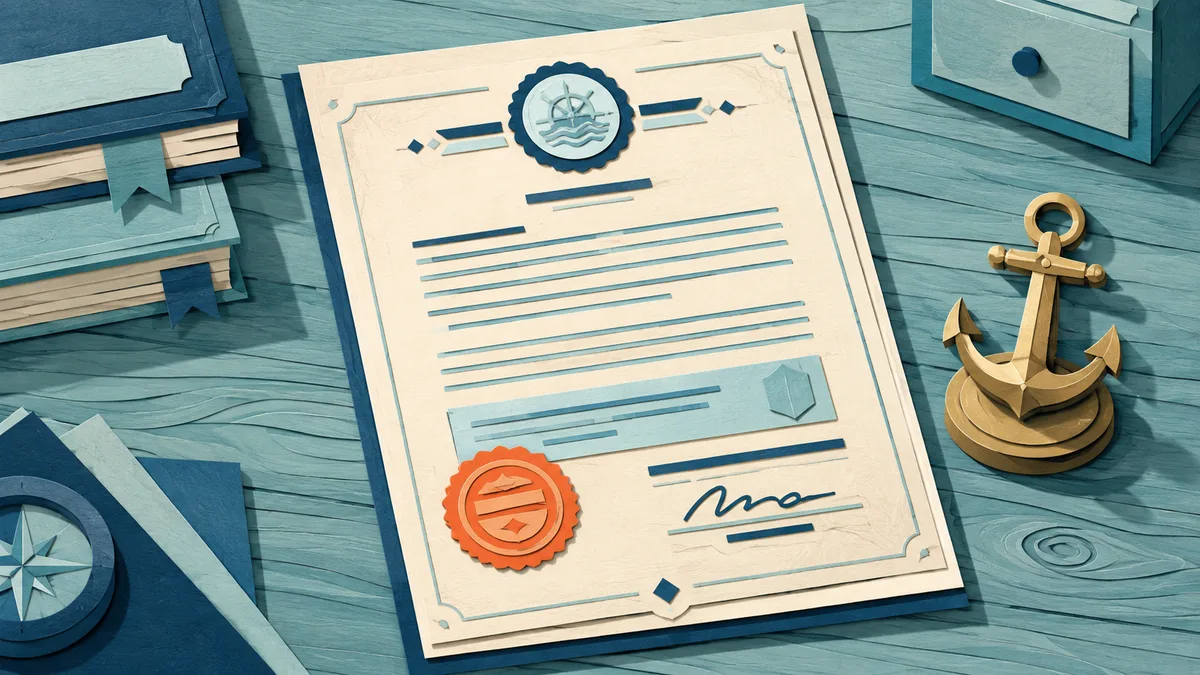 Illustrazione papercut di un documento ufficiale con timbro appoggiato su un tavolo accanto a una piccola ancora di ottone