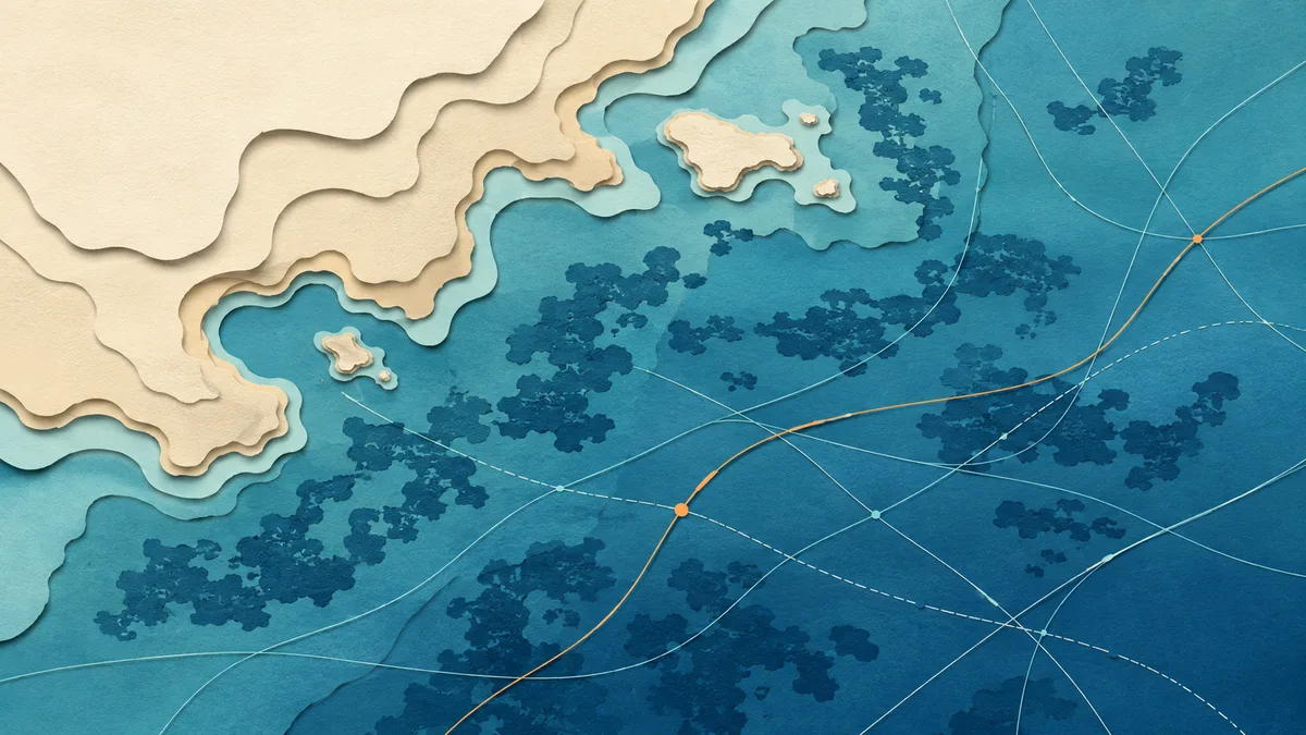 Illustrazione papercut di una carta nautica vista dall'alto con tracce di rotte che si sovrappongono a chiazze scure di prateria sottomarina