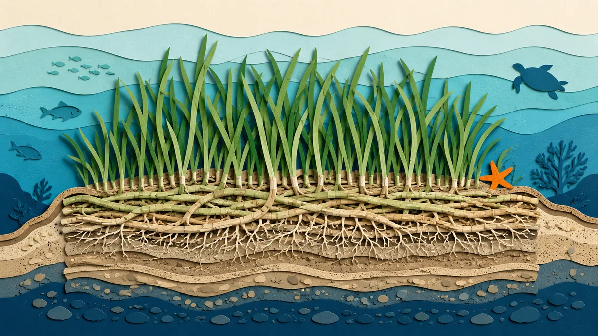 Illustrazione papercut in sezione di una matte di posidonia stratificata, con le foglie sopra e gli strati di rizomi sotto