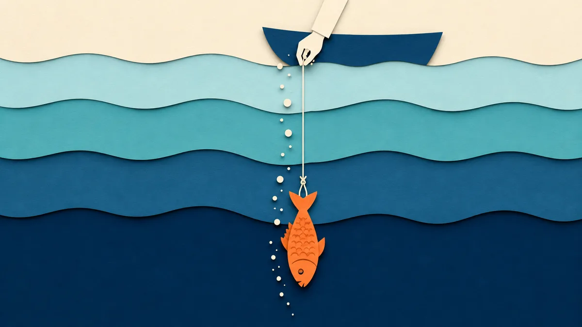 Illustrazione a strati di carta: una mano di carta riporta verso il fondo un pesce arancione lungo la colonna d'acqua che si scurisce, con la barca sagomata in superficie