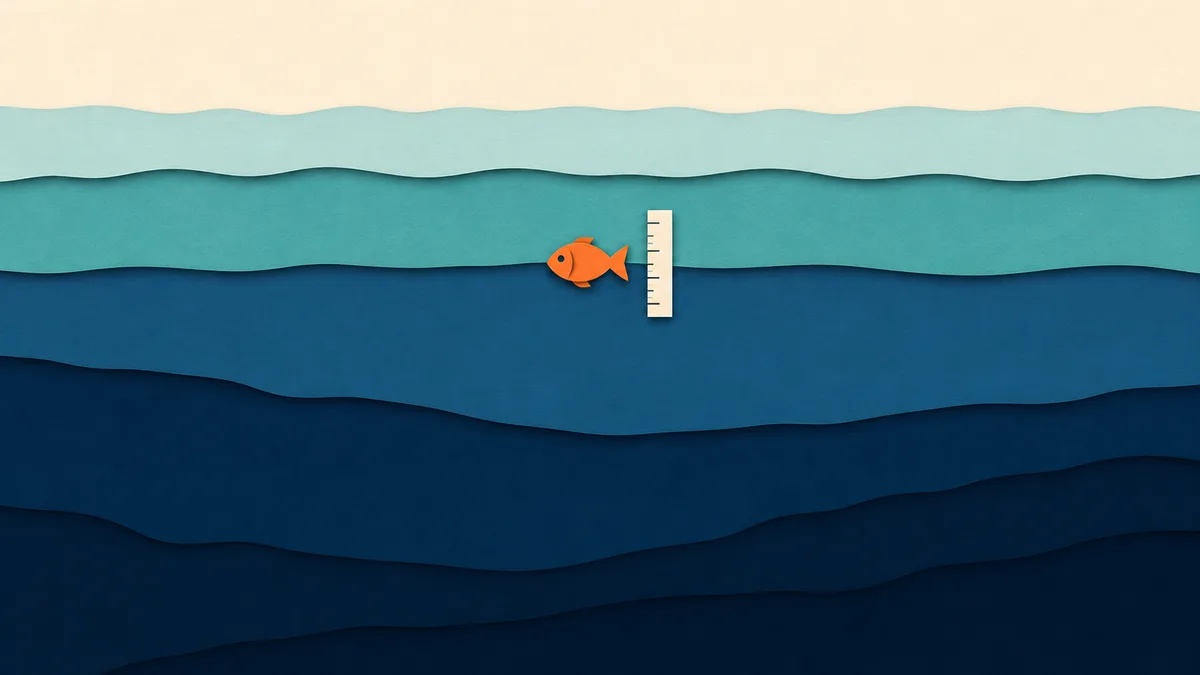 Sezione di mare a strati di carta con un pesce arancione sospeso a mezz'acqua e un righello di carta che misura pochi centimetri sopra di lui