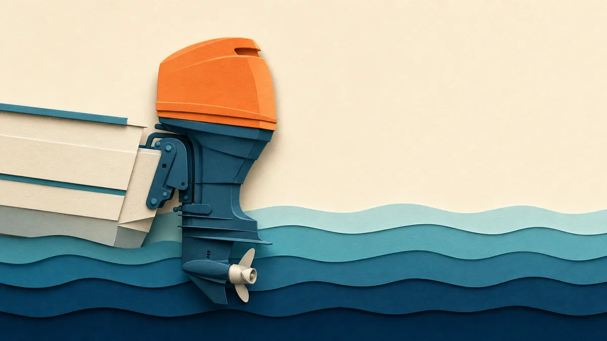 Illustrazione papercut di un fuoribordo visto di lato su fasce di mare, con tre etichette di carta arancio che indicano cavalli, litri e ore