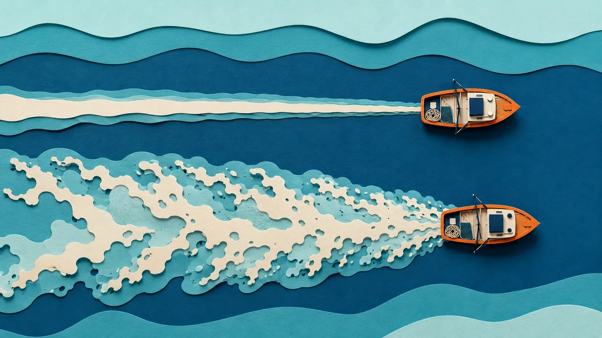 Illustrazione papercut vista dall'alto di due barche identiche che lasciano scie diverse su un mare a fasce, una corta e larga e una lunga e sottile