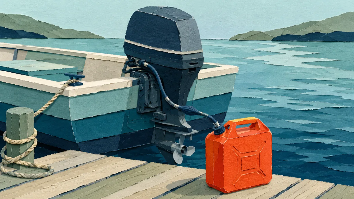 Serbatoio portatile sul pontile con il tubo del carburante collegato al fuoribordo