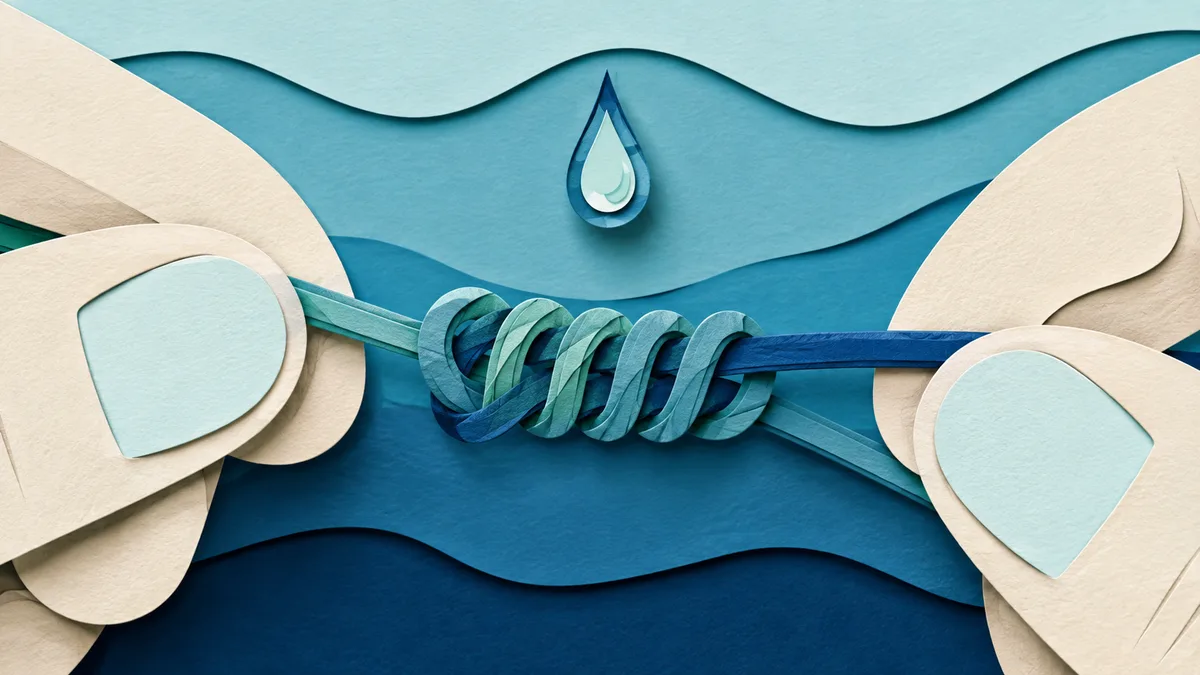 Illustrazione papercut di un nodo semiserrato con una goccia d'acqua che lo bagna prima della stretta finale