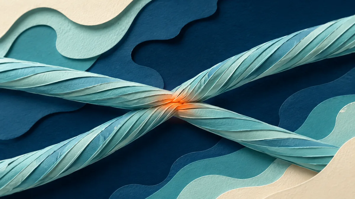 Illustrazione papercut di due tratti di filo che scorrono uno sull'altro con un bagliore caldo nel punto di contatto