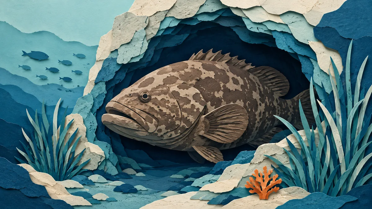 Illustrazione papercut di una vecchia cernia bruna massiccia all'ingresso di una tana rocciosa
