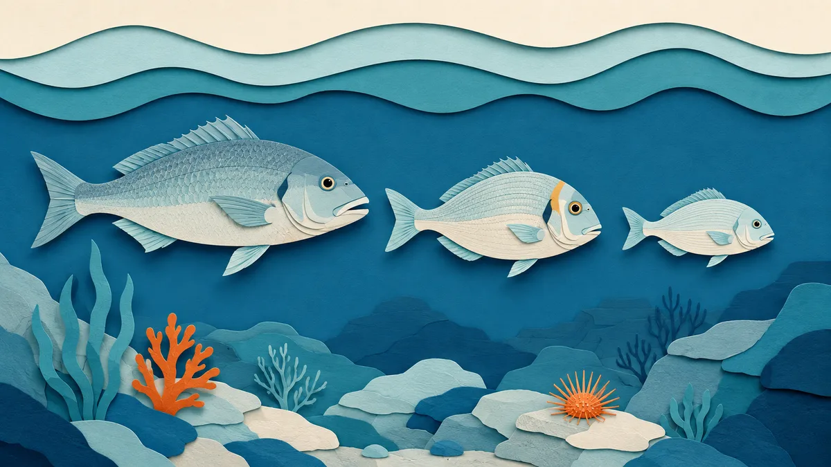 Illustrazione papercut di un dentice, un'orata e un sarago maggiore affiancati sopra un fondale mediterraneo