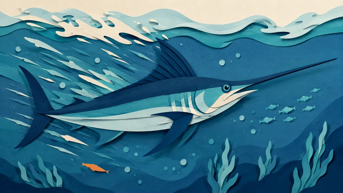 Illustrazione papercut di un pesce spada lanciato in acqua aperta con la spada distesa in avanti