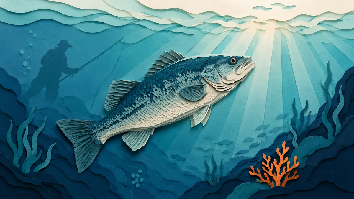 Illustrazione papercut di un grande pesce che si allontana da una sagoma di pescatore vista da sott'acqua