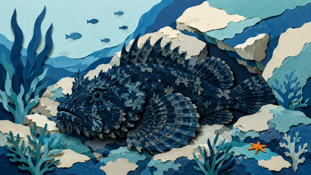 Illustrazione papercut di uno scorfano nero mimetizzato tra rocce e alghe su un basso fondale