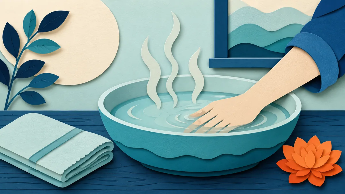 Illustrazione papercut di una mano immersa in una bacinella d'acqua calda che fuma leggermente, su un tavolo di legno